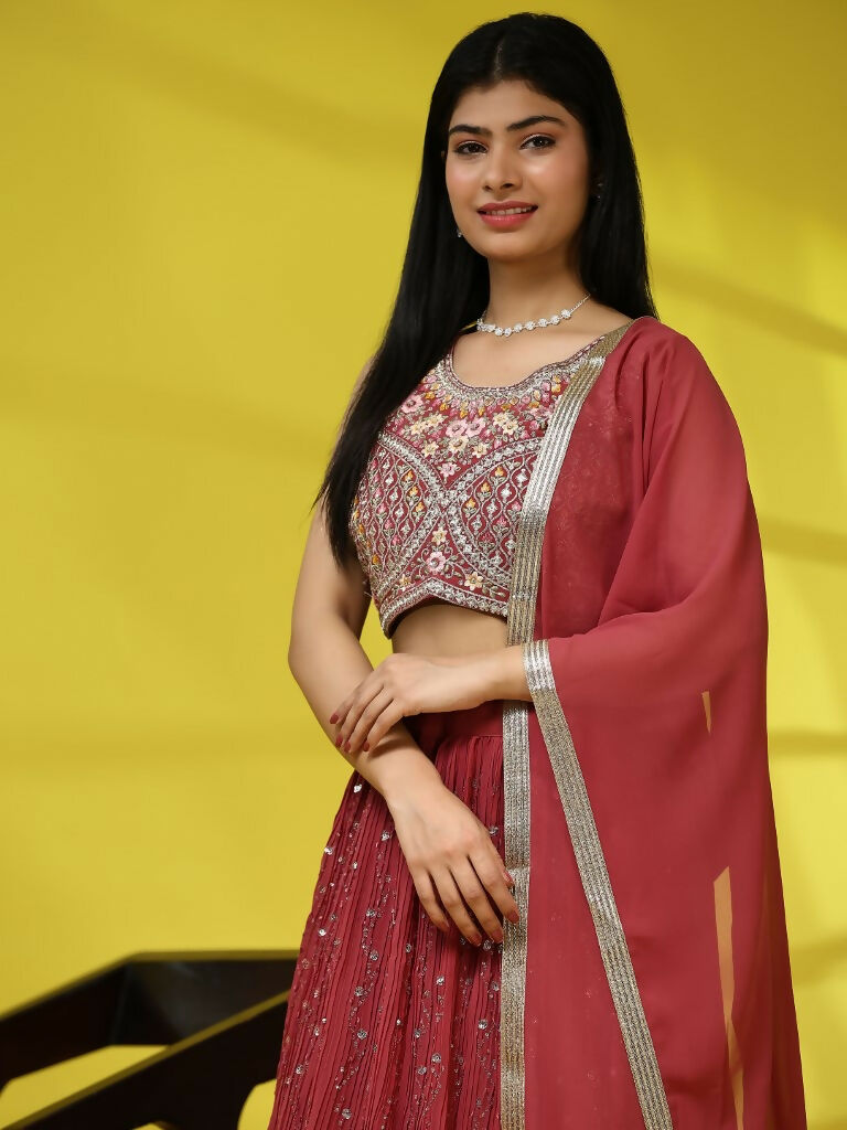 Red Georgette Embroidered Lehenga choli with Dupatta - Dhara