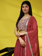 Red Georgette Embroidered Lehenga choli with Dupatta - Dhara