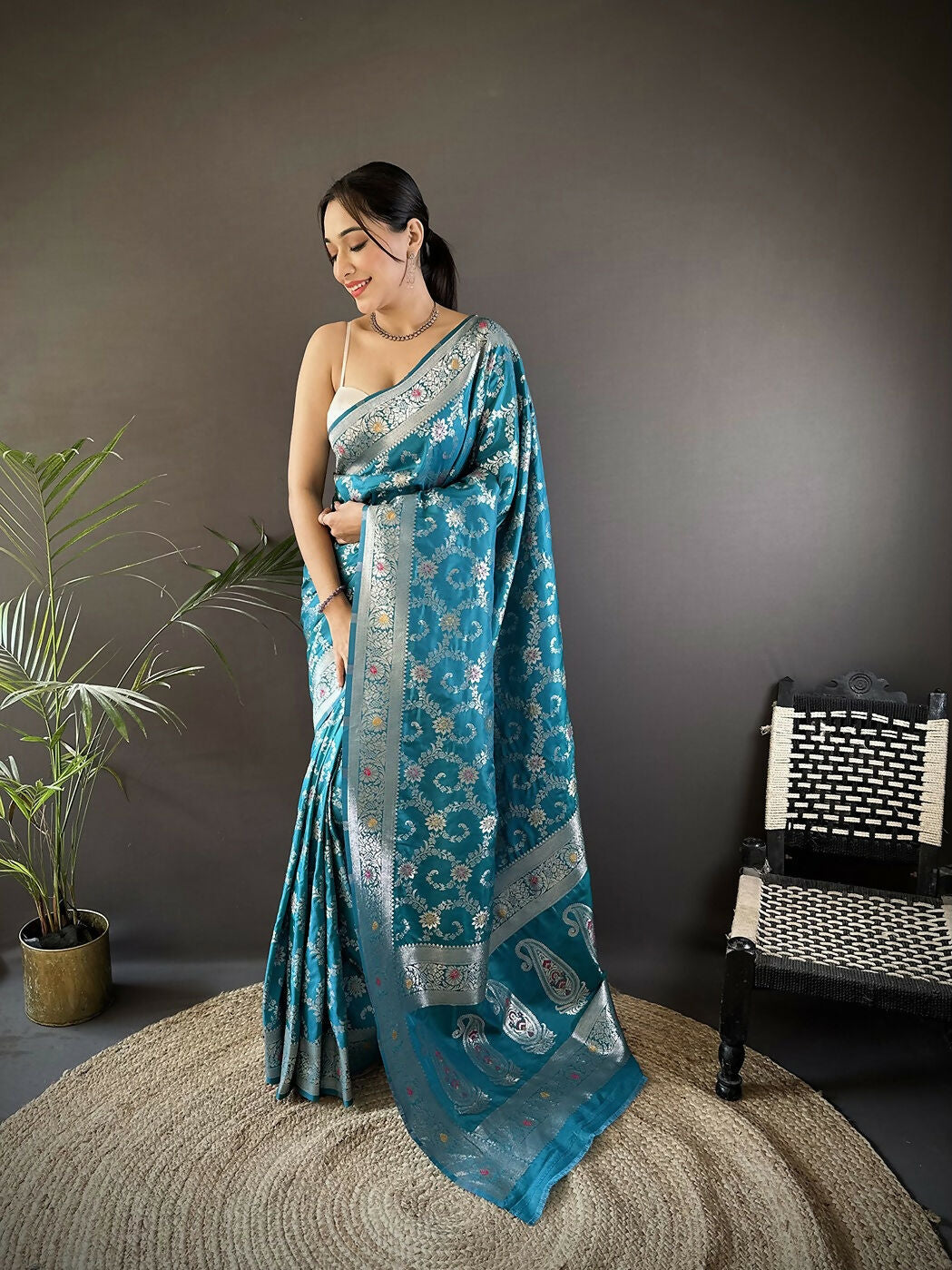 Joban Fashion Turquoise Meenakari Banarasi Silk Sarees