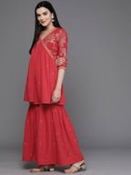 Ahalyaa Women Floral Printed Tunic with Palazzos - Red Color