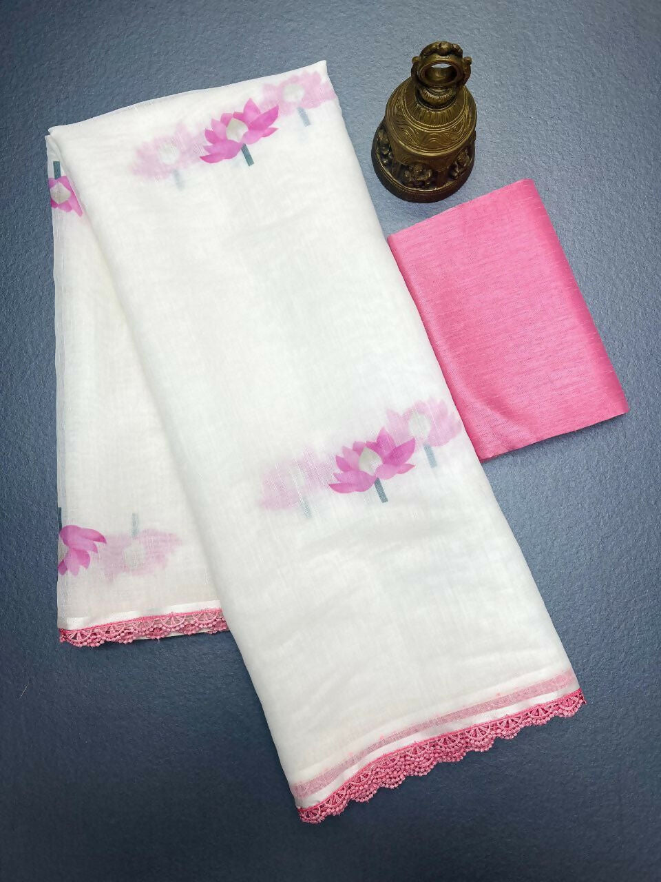 Prime Volt Women's Cream Floral Digital Print Soft Linen Saree With Lace Border & Blouse - Distacart