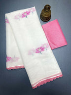 Prime Volt Women's Cream Floral Digital Print Soft Linen Saree With Lace Border & Blouse - Distacart