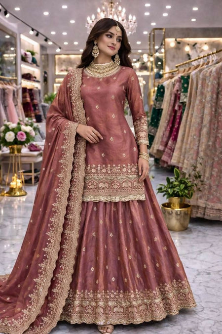 Teeya Creation Onion Color Fendy Satin Heavy Embroidery Work Wedding Wear Stitched Lehenga Choli