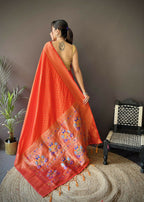 Joban Fashion Orange Jacquard Butti Soft Lichi Silk Paithani Saree - Distacart