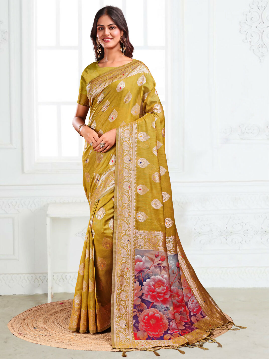 Shree Shyam Fashion Linen Cotton Mhendi Green Saree - Distacart