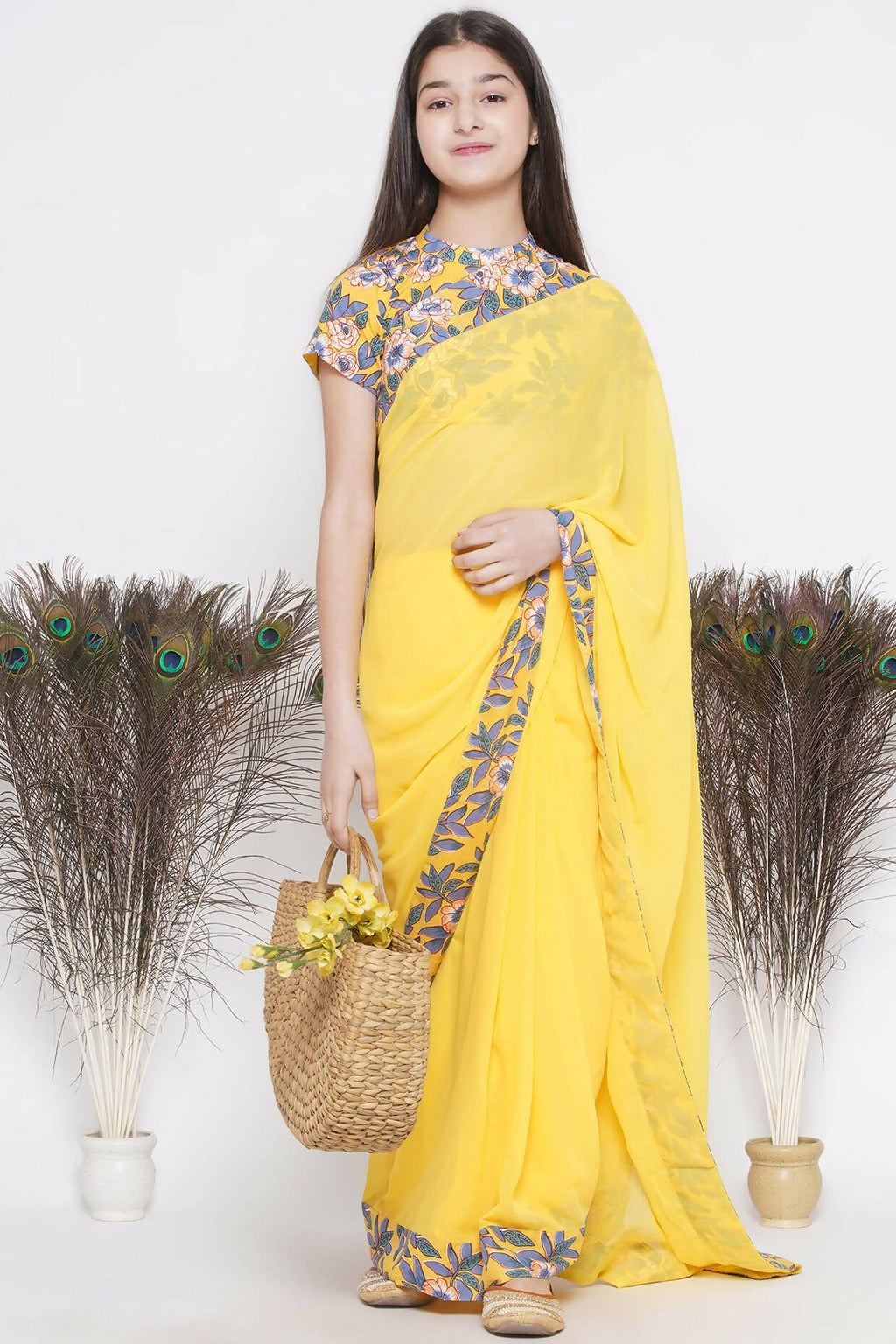 Little Bansi Floral Print Ready To Wear Saree And Floral Blouse - Yellow