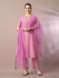Myshka Women's Pink Printed Cotton Straight Party Kurta Set With Dupatta