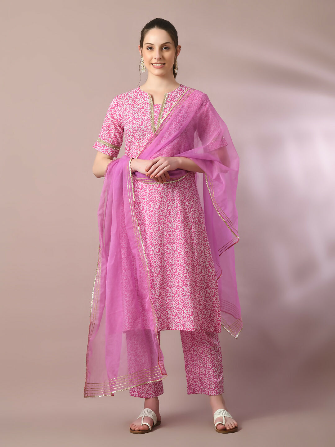 Myshka Women's Pink Printed Cotton Straight Party Kurta Set With Dupatta