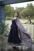 Aayaa Designer Embroidery Zari Sequins-Work Faux Blooming Georgette Suit - Navy Blue - Distacart