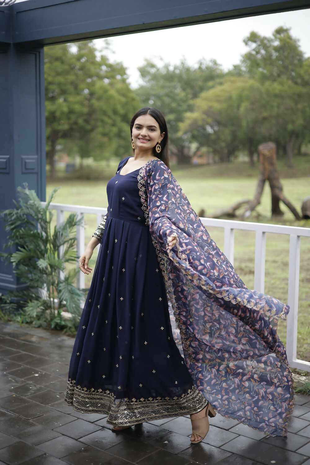 Aayaa Designer Embroidery Zari Sequins-Work Faux Blooming Georgette Suit - Navy Blue - Distacart