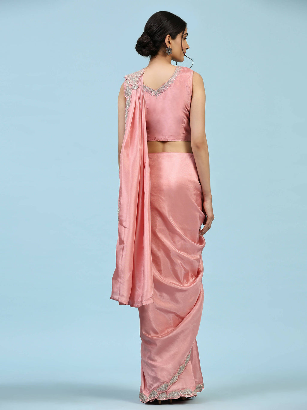 Peach Silk Satin Plain Ready to wear Saree with stitched Blouse - Vrinda