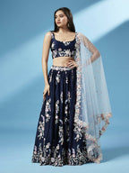 House of Panchhi Navy Blue Pure Georgette Thread & Sequinse Work Lehenga & Blouse, Dupatta