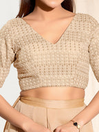 Joban Fashion Gold Crochet Padded Blouse With V Neck Elbow Sleeves - Distacart