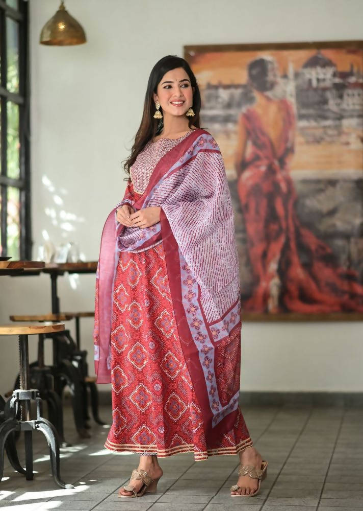 Yufta Women Red Handblock Printed A-Line Kurta & Trouser With Embroidery & Dupatta