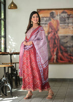Yufta Women Red Handblock Printed A-Line Kurta & Trouser With Embroidery & Dupatta