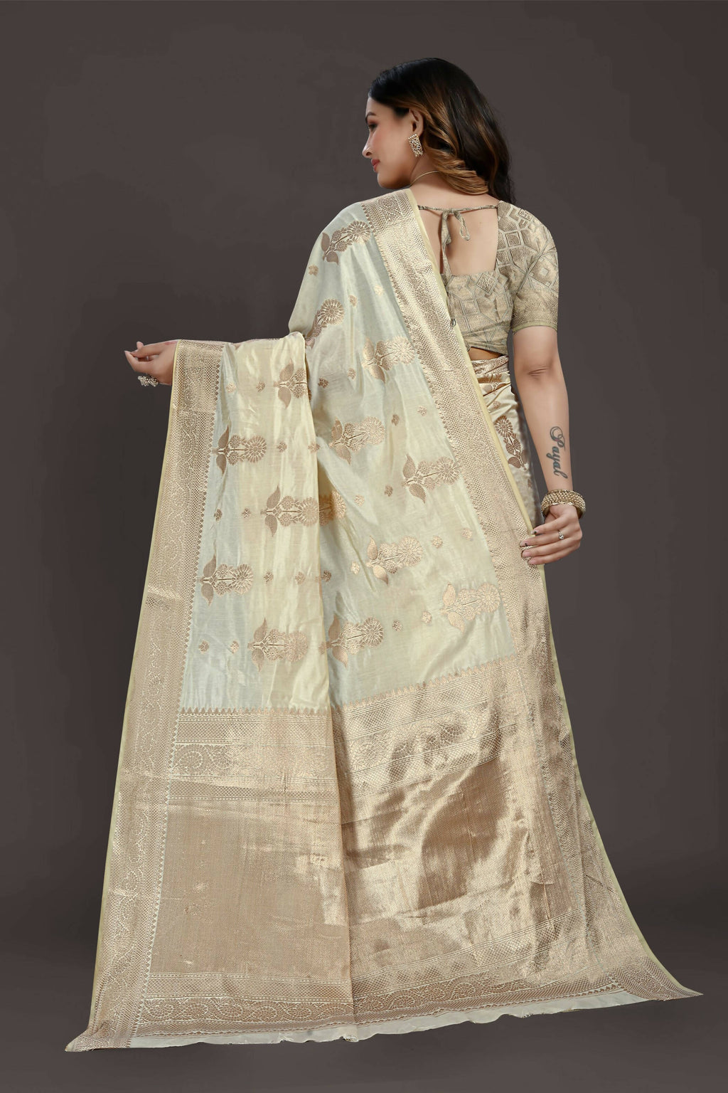 Off White Pure Raw Silk Zari Woven Saree with Unstitched Blouse Piece - Alisha