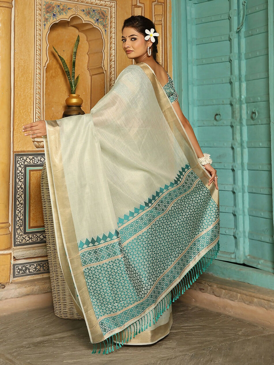 Shree Shyam Fashion Rama Green Linen Saree - Distacart
