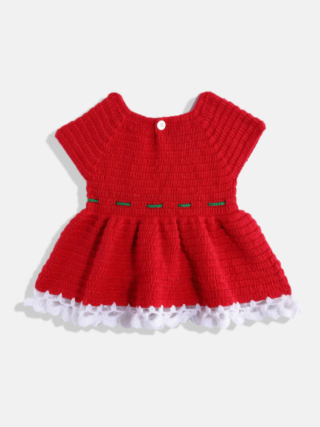 Chutput Kids Woollen Hand Knitted Short Sleeves Flower Detail Dress For Baby Girls - Red