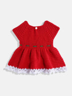 Chutput Kids Woollen Hand Knitted Short Sleeves Flower Detail Dress For Baby Girls - Red