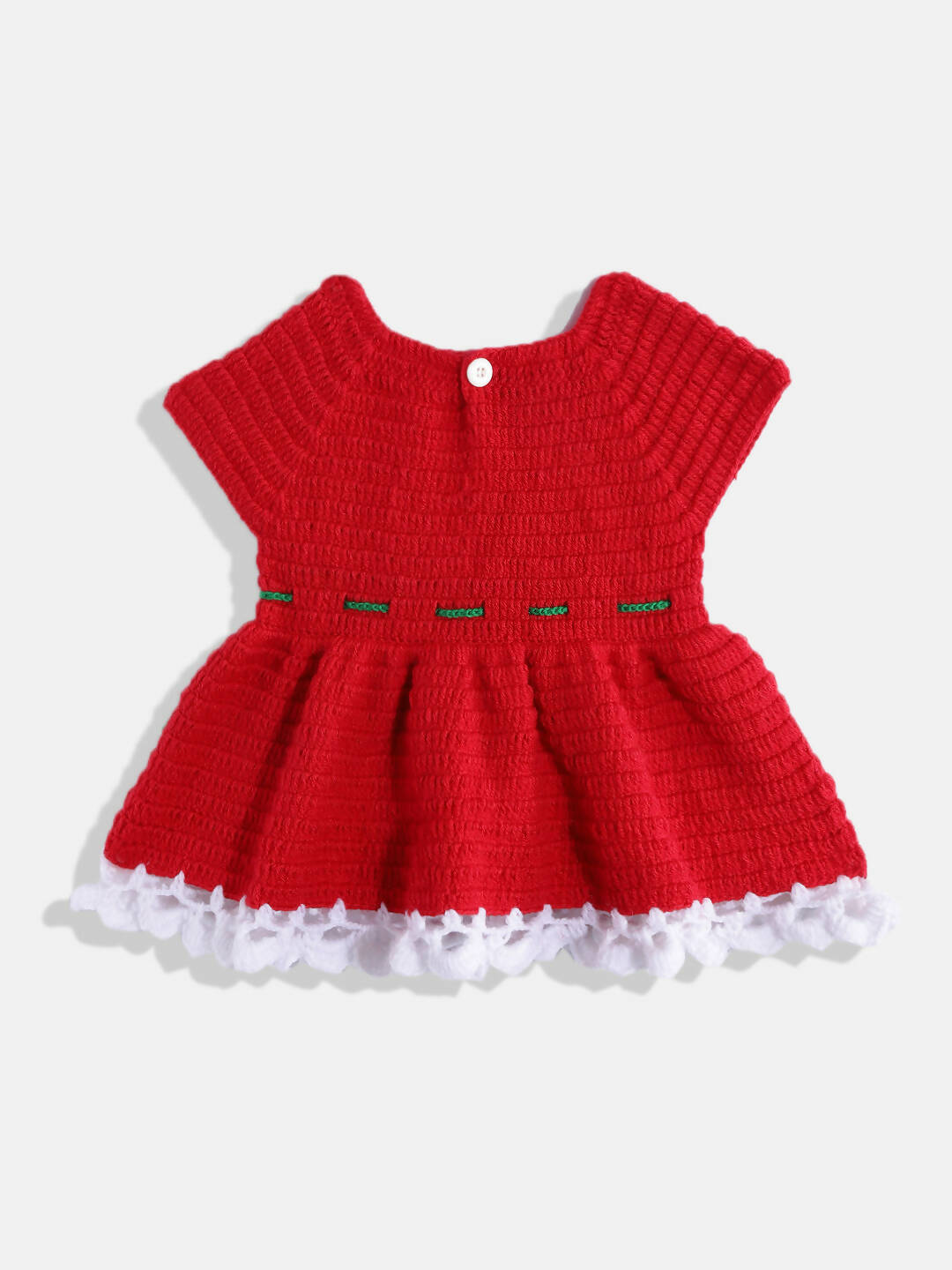 Chutput Kids Woollen Hand Knitted Short Sleeves Flower Detail Dress For Baby Girls - Red