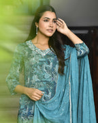 Vaasva Women's Teal Crepe Embroidered Suit Set