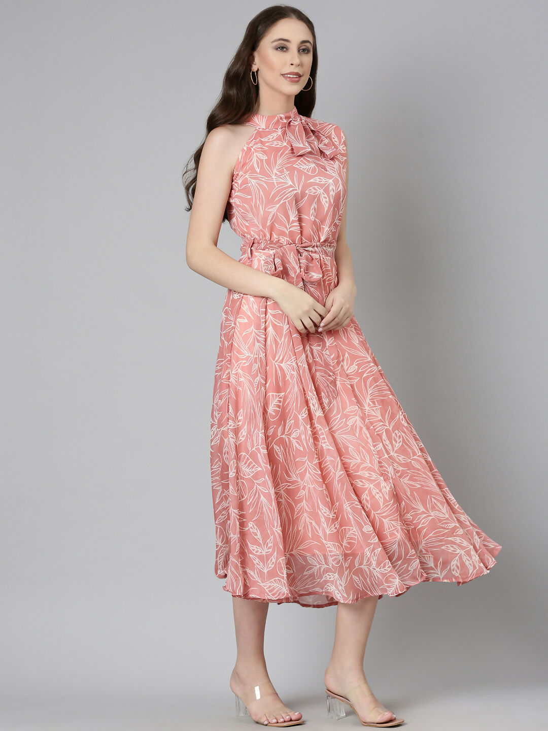 Souchii Peach Floral Chiffon Dress