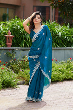 Vastranavya Teal Embroidery Work Shimmer Chiffon Saree with Unstitched Blouse - Distacart