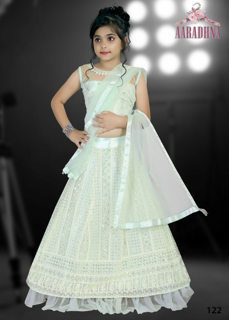 Wedding Designer Darkseagreen Net Kidswear Lahenga - Aaradhna