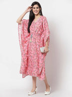 Myshka Women's Pink Polyester Printed Full Sleeve V Neck Casual Kaftaan