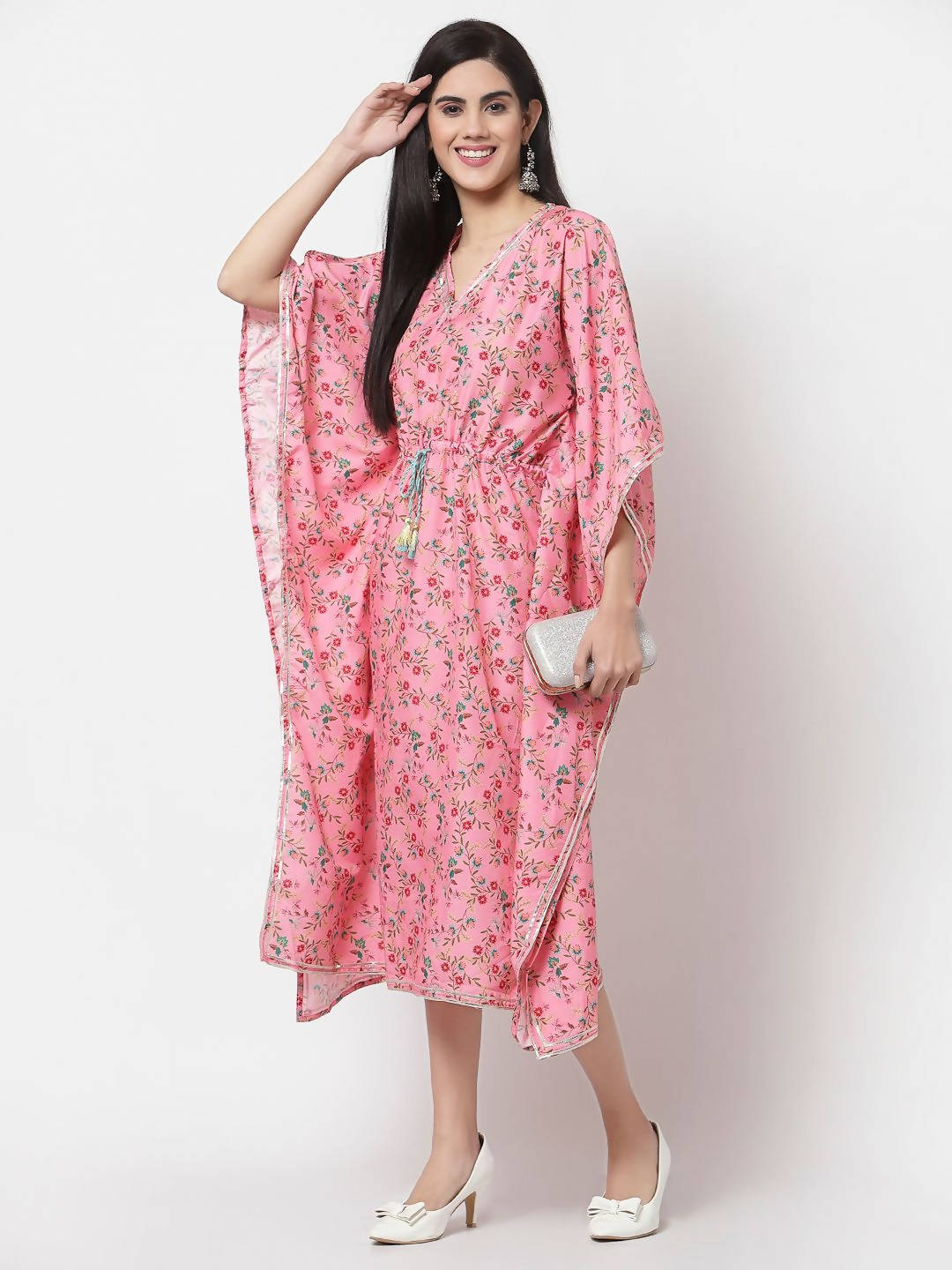 Myshka Women's Pink Polyester Printed Full Sleeve V Neck Casual Kaftaan