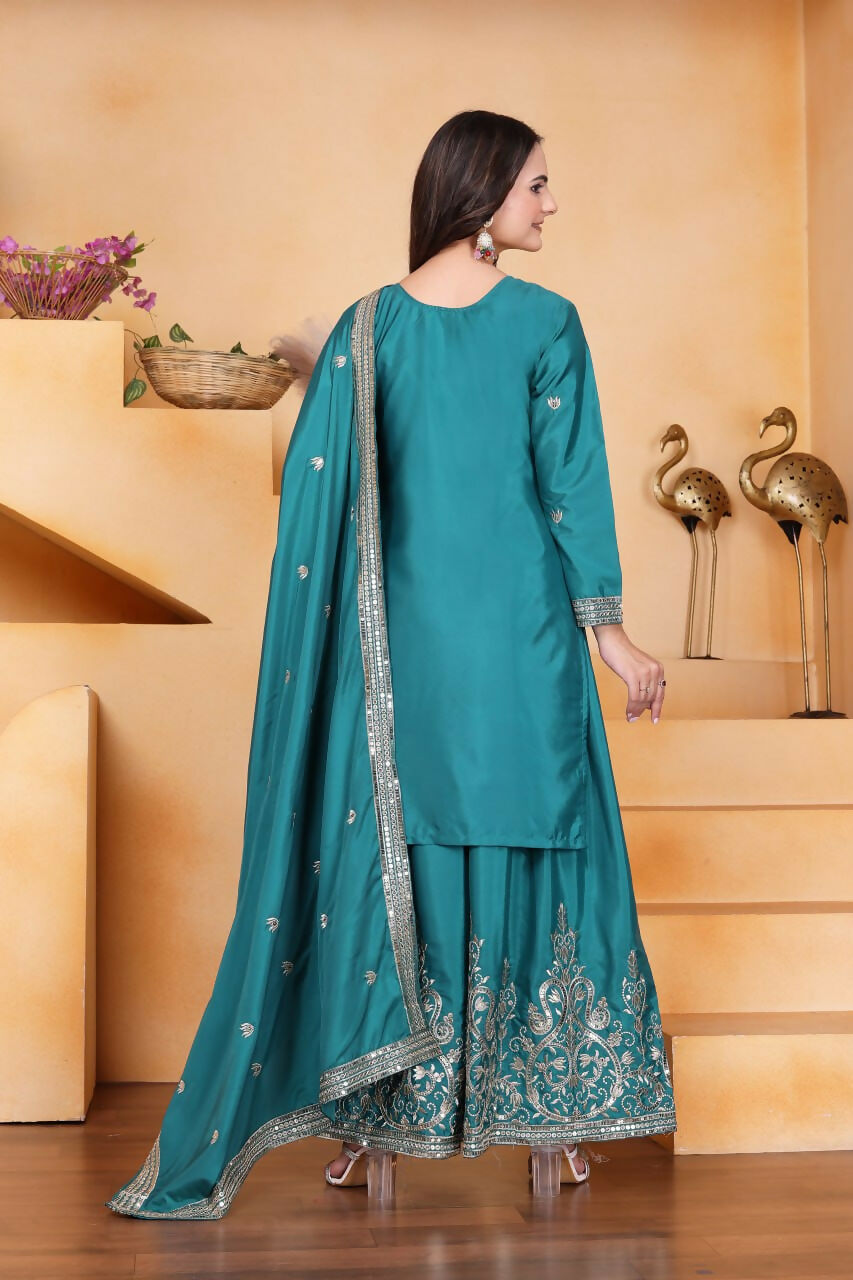 Teeya Creation Teal Color Natural Crepe Silk Wedding Wear Trending Palazzo Set - Distacart
