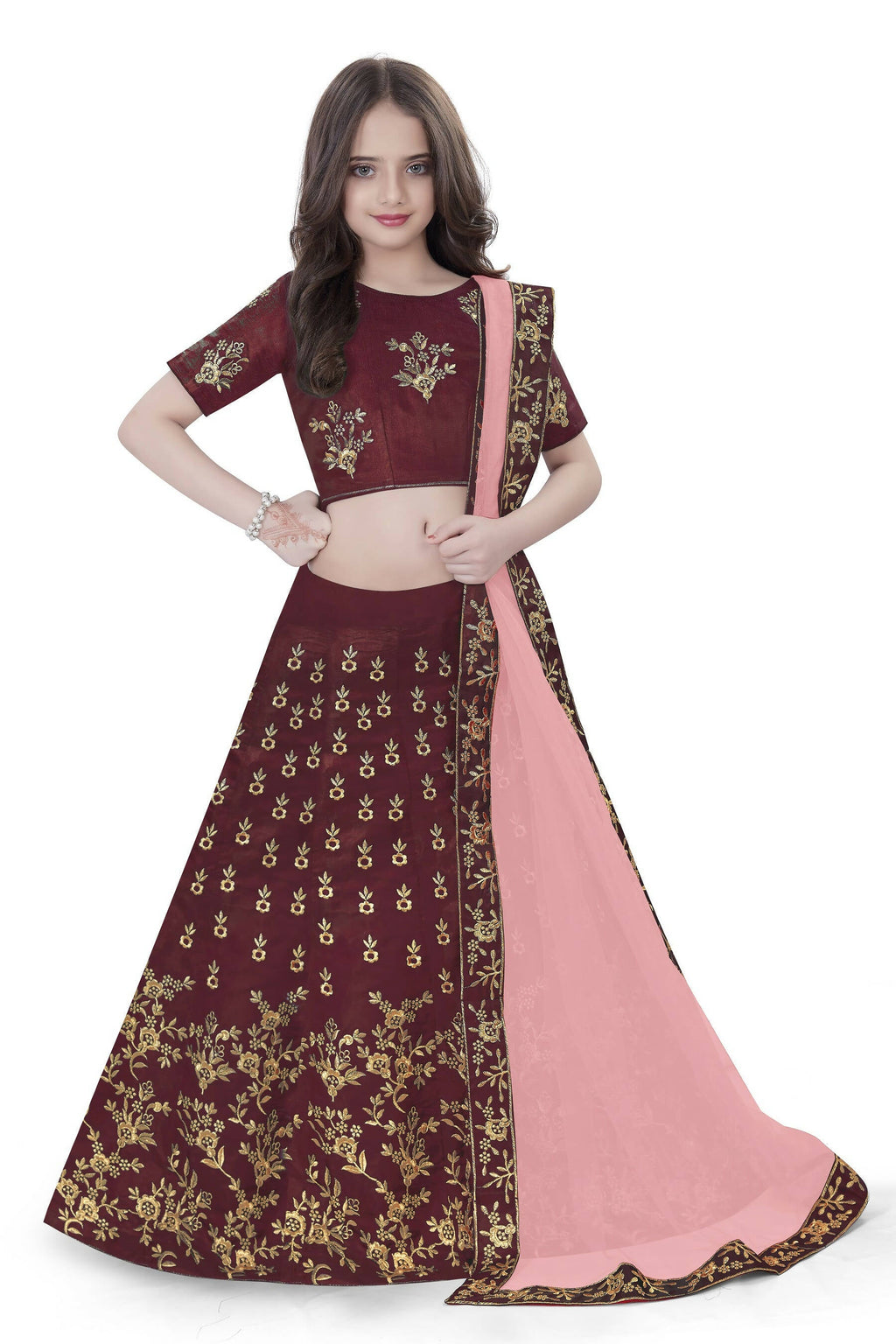 Dwiden Maroon Baby Doll Tafetta Sattin Semi-Stitched Girl's Lehenga Choli