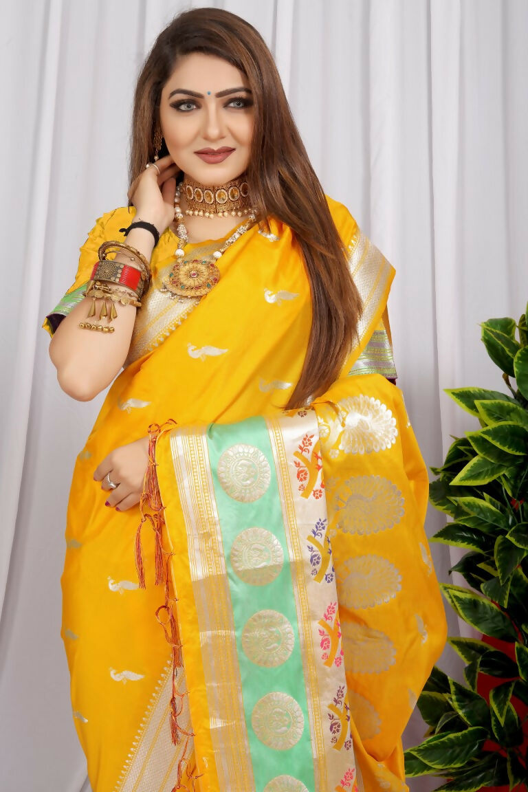 Jyoti Fashion Women's Yellow Paithani Silk Zari Woven Saree with Blouse
