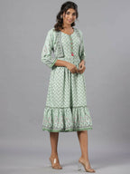 Juniper Women Sage Green Rayon Printed Jacket Style Midi Dress - Distacart