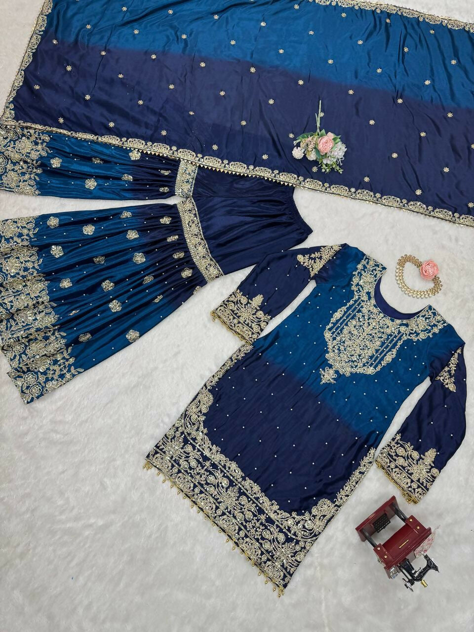 The52 Women's Beautiful Chinon silk Fabric Embroidery Work Straight Kurta Palazzo and Dupatta Set - Distacart