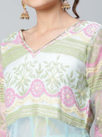 Ahalyaa Women Sea Green Organza Romantic Florals Kurta Palazzo Set