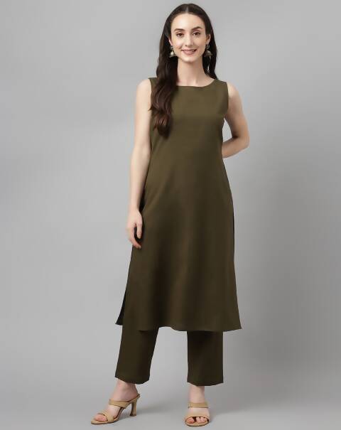 FIORRA Women's Olive Rayon Silk Straight Kurta Set
