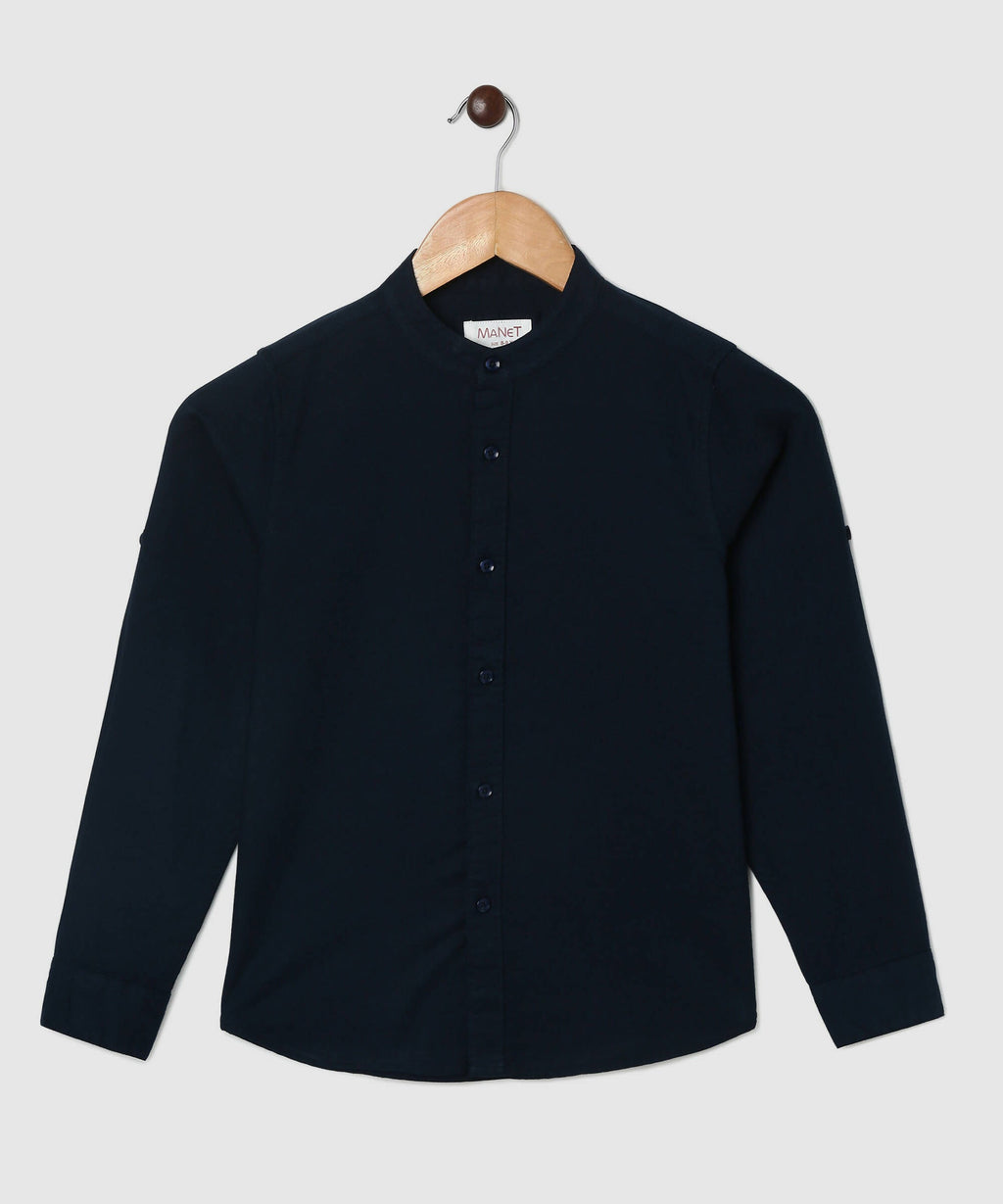 Manet Boys Mandarin Collar Full Sleeves Melange Shirt - Navy Blue