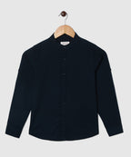 Manet Boys Mandarin Collar Full Sleeves Melange Shirt - Navy Blue