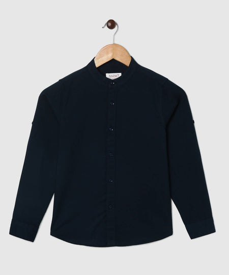 Manet Boys Mandarin Collar Full Sleeves Melange Shirt - Navy Blue