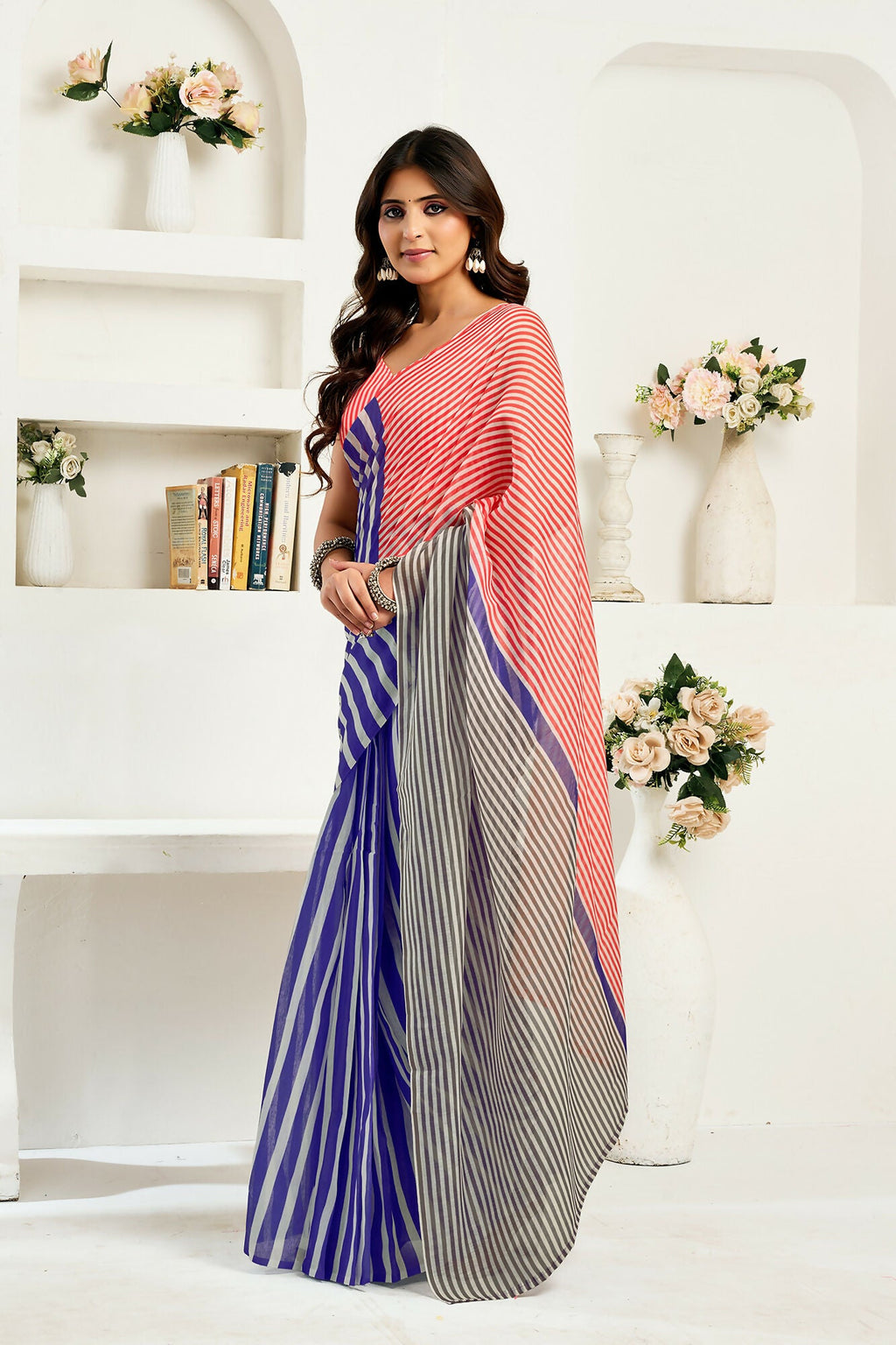 Vastranavya Royal Blue Digital Printed Linen Ready To Wear Designer Saree with Unstitched Blouse - Distacart