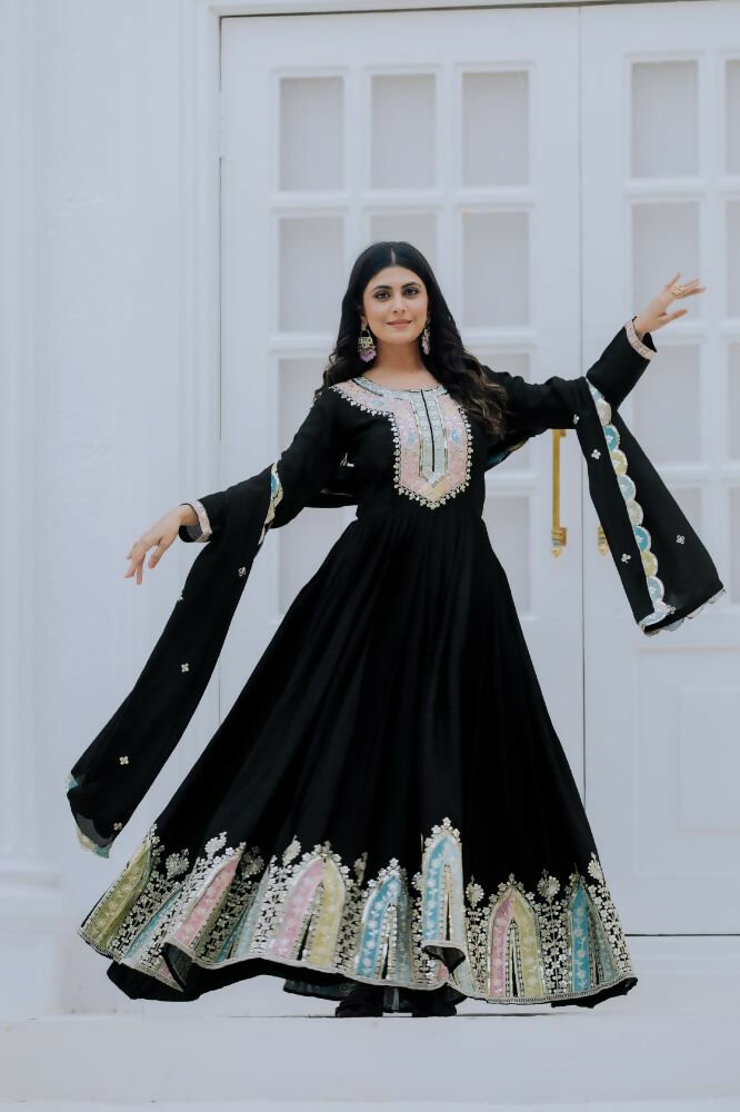 Joban Fashion Black Chinnon Silk Sequence Embroidery Work Readymade Kurta Set - Distacart