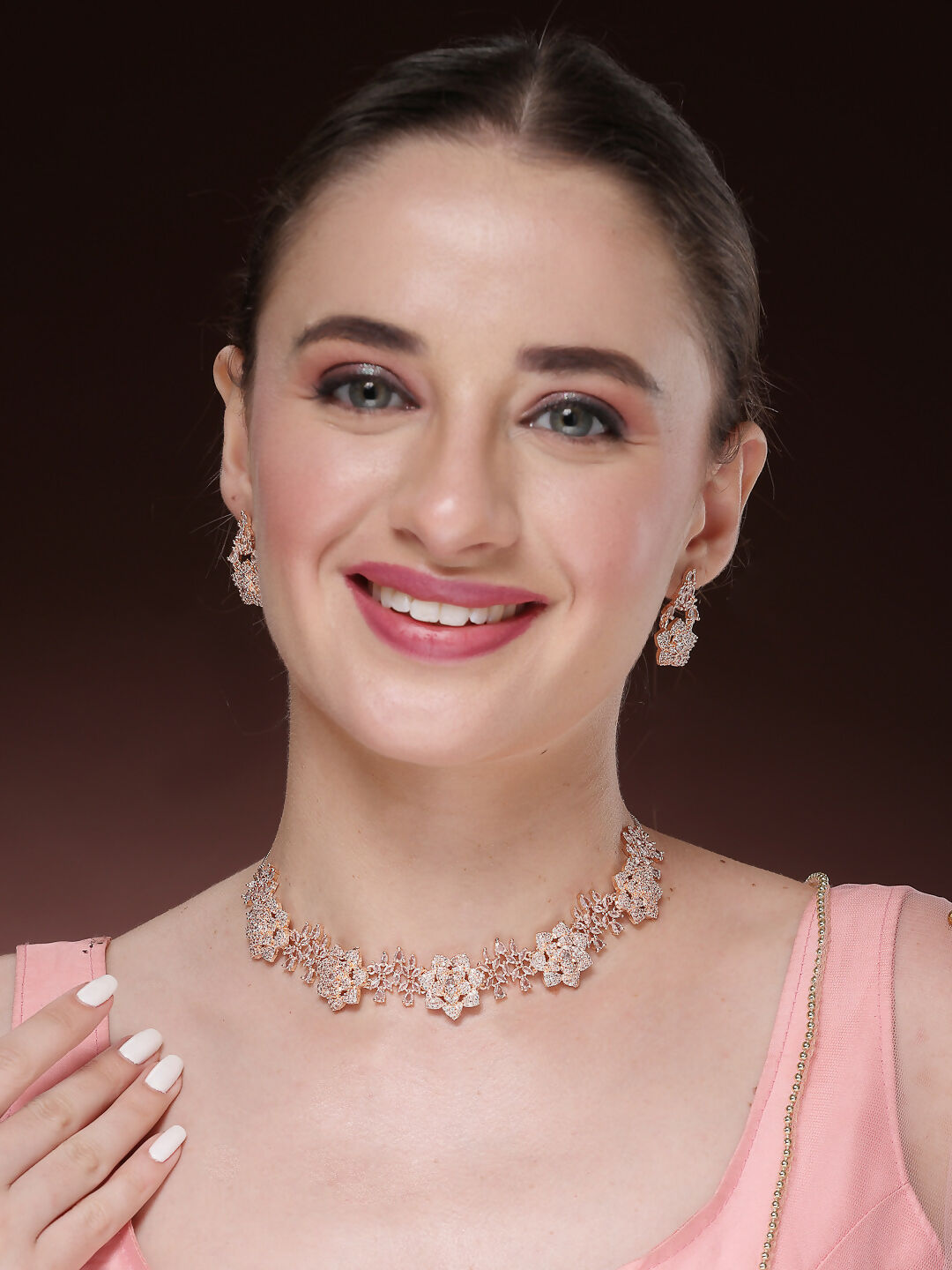 NVR Women's Rose Gold-Polished American Diamond-Studded Handcrafted Jewellery Set
