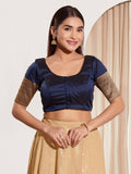 Joban Fashion Navy Blue Taffeta Silk Padded Blouse With Round Neck Elbow Sleeves - Distacart