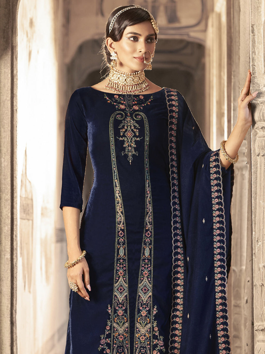Jyoti Fashion Women's Navy Blue Velvet Floral Resham Thread with Jari work Kurta with Trouser & Dupatta