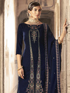 Jyoti Fashion Women's Navy Blue Velvet Floral Resham Thread with Jari work Kurta with Trouser & Dupatta