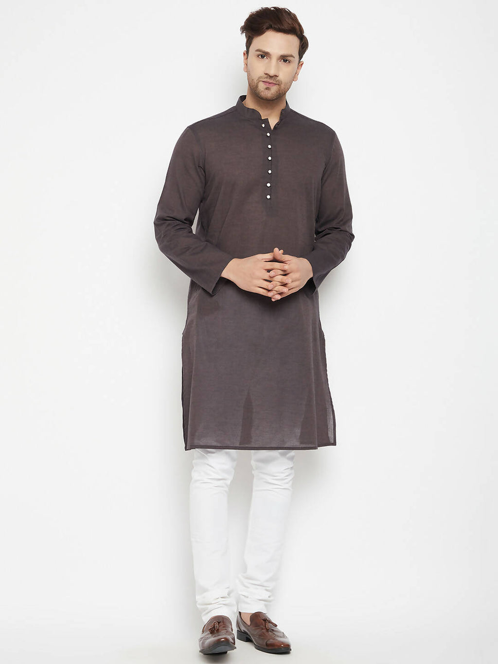 Even Apparels Brown Pure Cotton Long Men's Kurta With Band Collar - Distacart