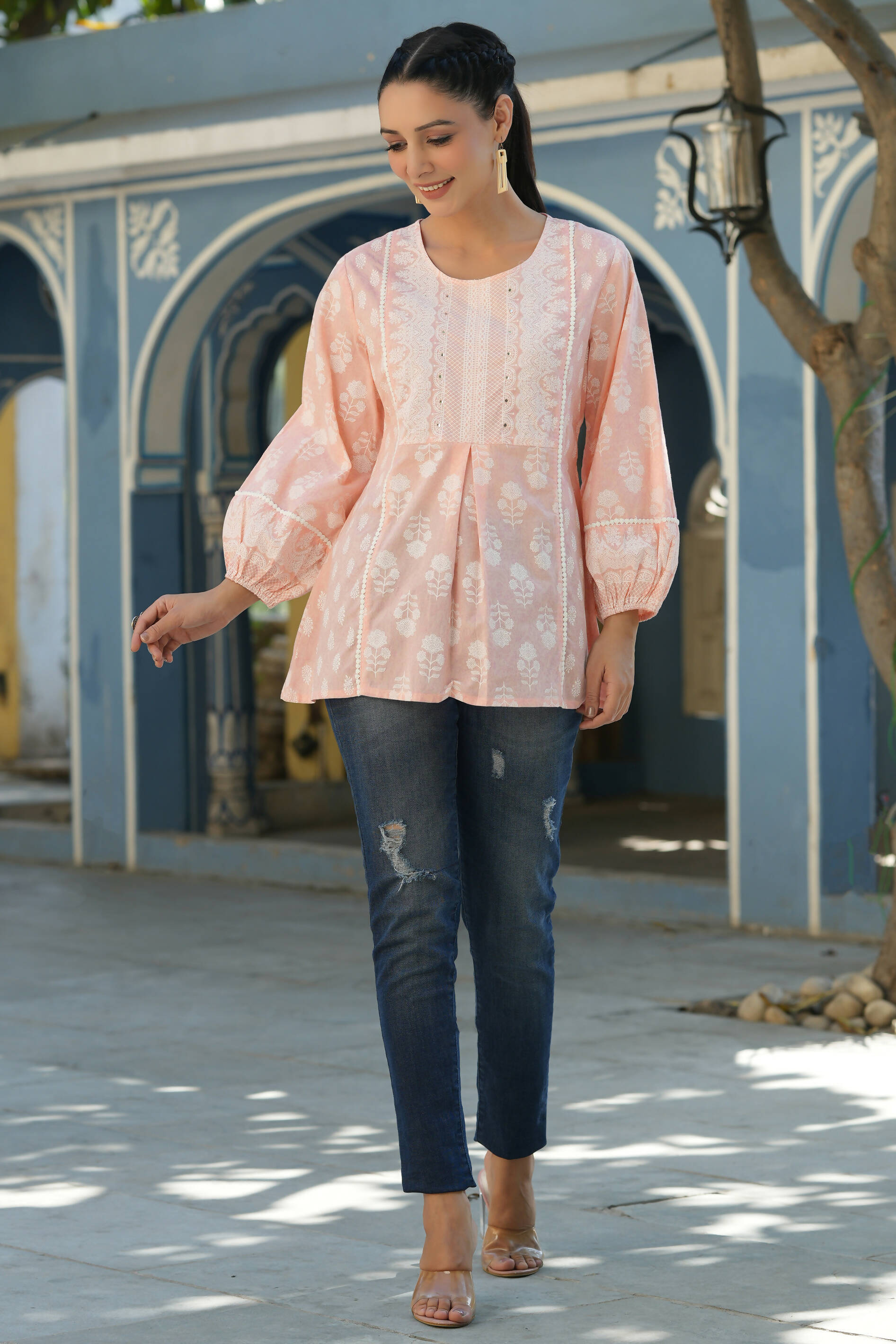 Juniper Women's Peach Cambric Placement Floral Printed Tunic - Distacart