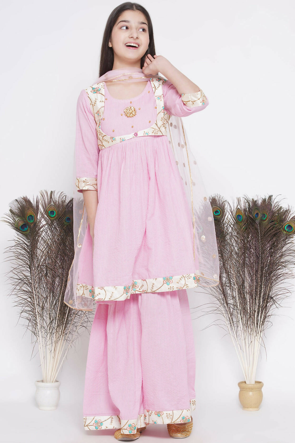 Little Bansi Floral Embroidery Jacket With Cotton Kantha Frock Sharara And Dupatta With Ghungroo Handwork - Pink