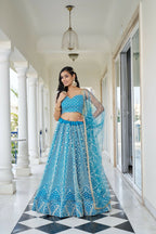 Eilara Glamorous Sky Blue Butterfly Net With Thread And Sequence Embroidered Work Lehenga Choli For Wedding